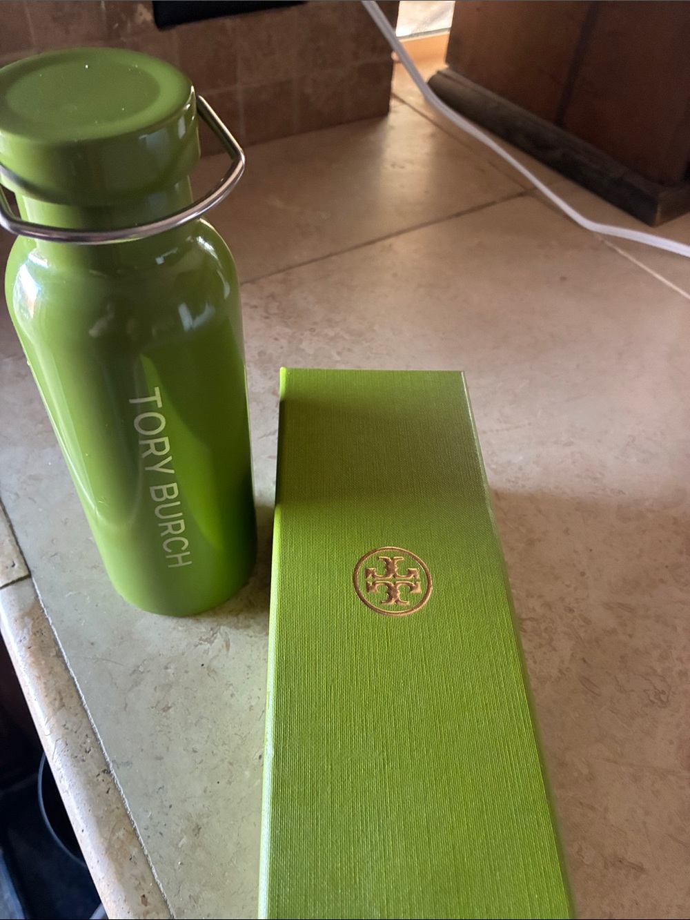 Tory Burch Lime Green Stainless Steel Water Bottle with Handle
